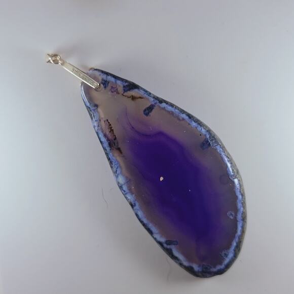 Purple Agate Slice Pendant 2.25" Polished Teardrop Necklace Sterling Bail - Picture 5 of 9